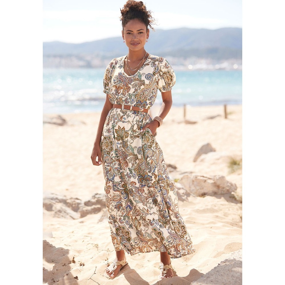 Lascana Womens Size 4 Paisley Maxi Dress Orange Blue Boho Peasant Sz 4 NWT